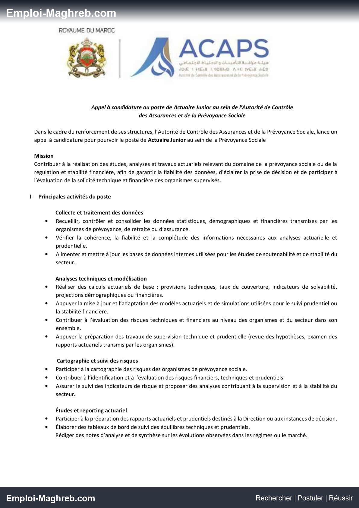 ACAPS propose deux postes de Chef de Projet MOE et Actuaire Junior en 2026