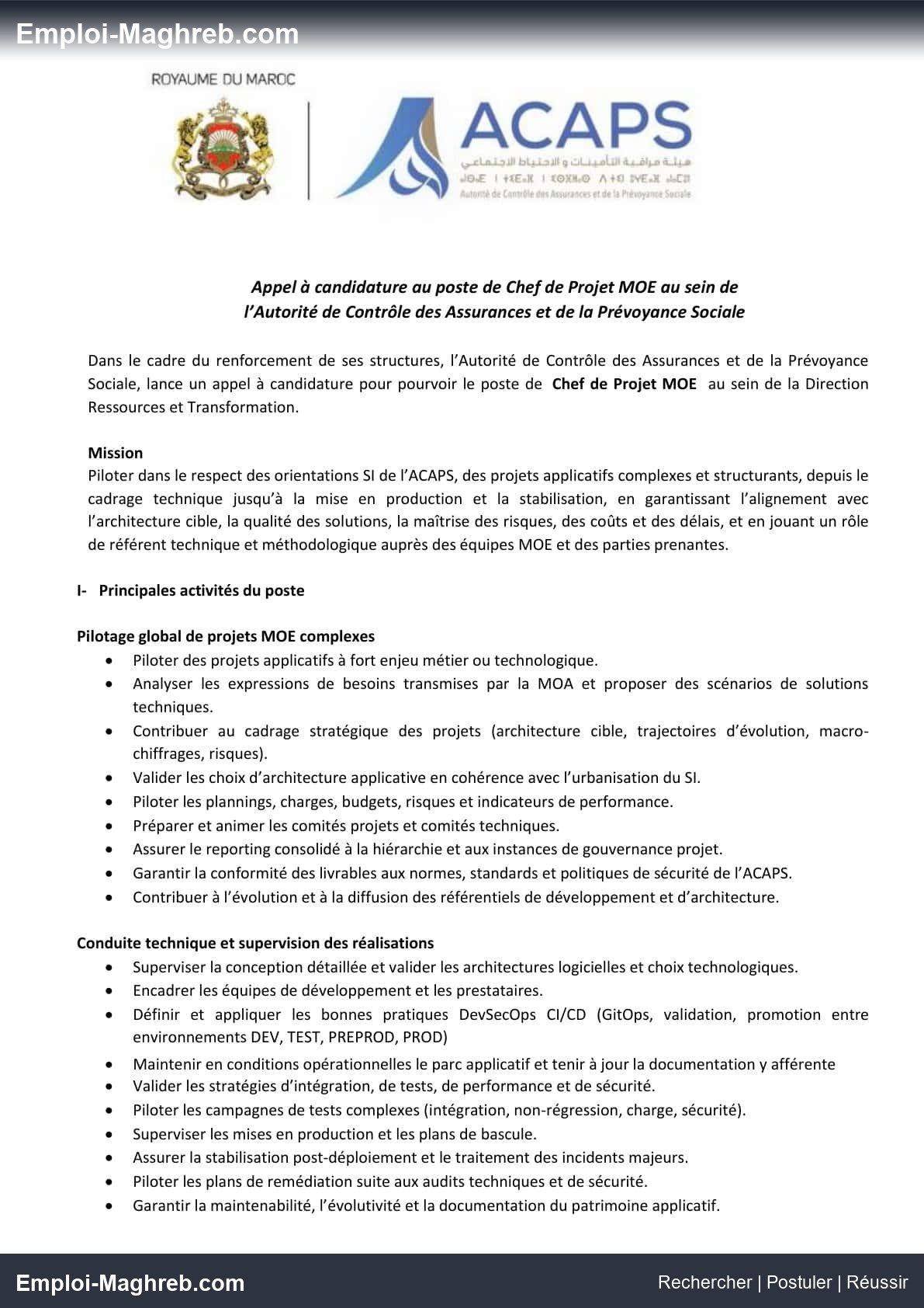 ACAPS propose deux postes de Chef de Projet MOE et Actuaire Junior en 2026