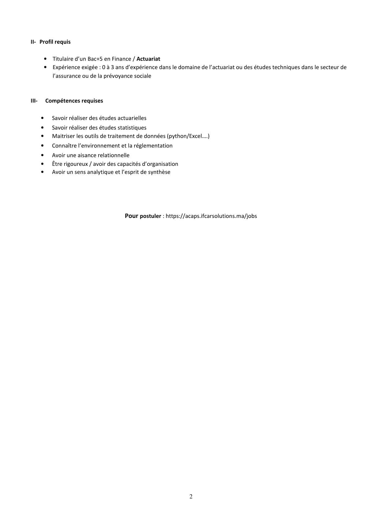 ACAPS publie des postes 2026 Chef de Projet MOE Actuaire Junior