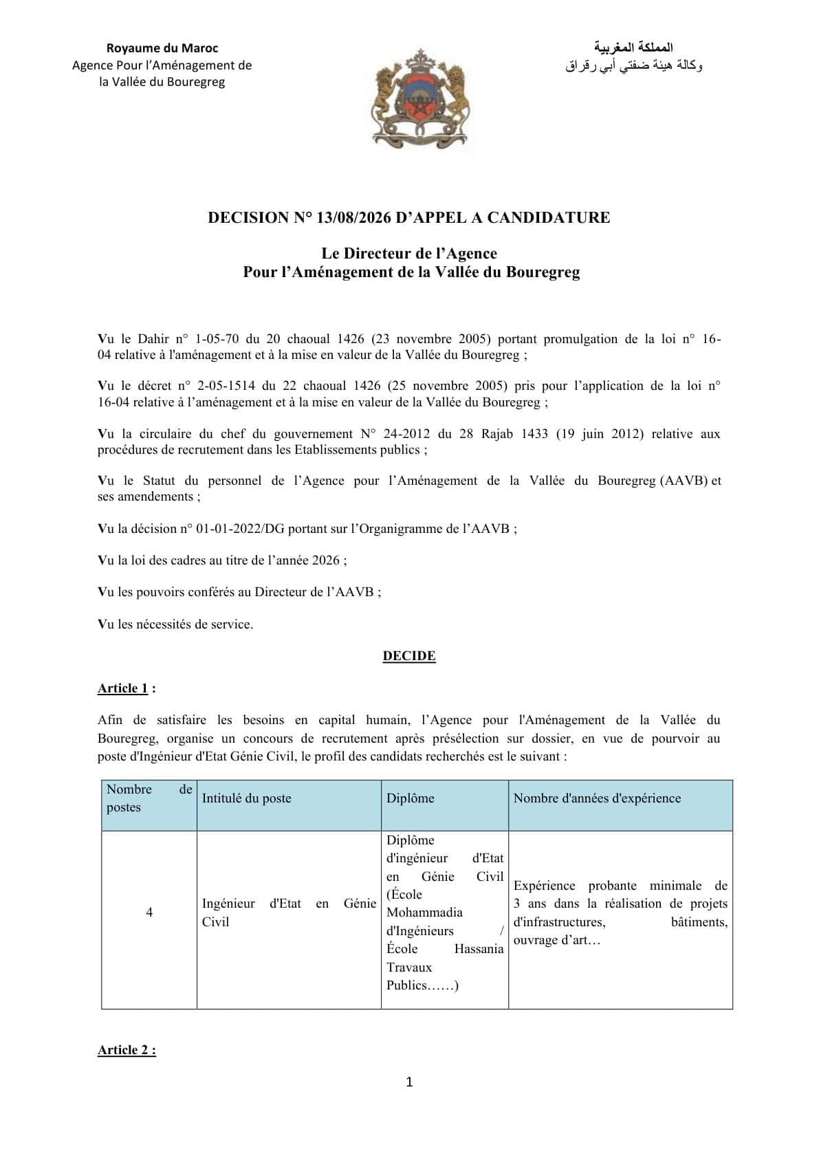 Concours de Recrutement Agence pour l’Aménagement de la Vallée du Bouregreg 2026
