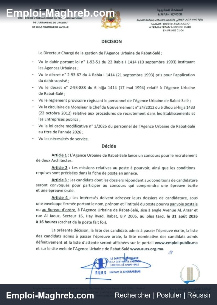 Agence Urbaine de Rabat-Sale publie 7 postes pour techniciens et architectes en