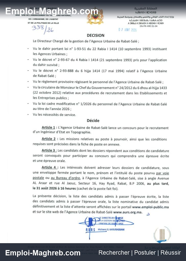 Agence Urbaine de Rabat-Sale publie 7 postes pour techniciens et architectes en