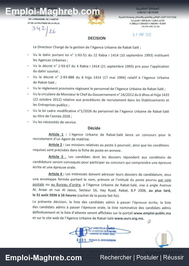 Agence Urbaine de Rabat-Sale publie 7 postes pour techniciens et architectes en