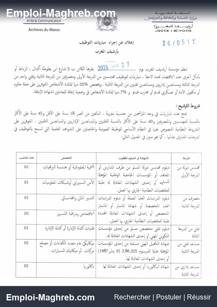 Archives du Maroc propose 10 postes pour le recrutement 2026