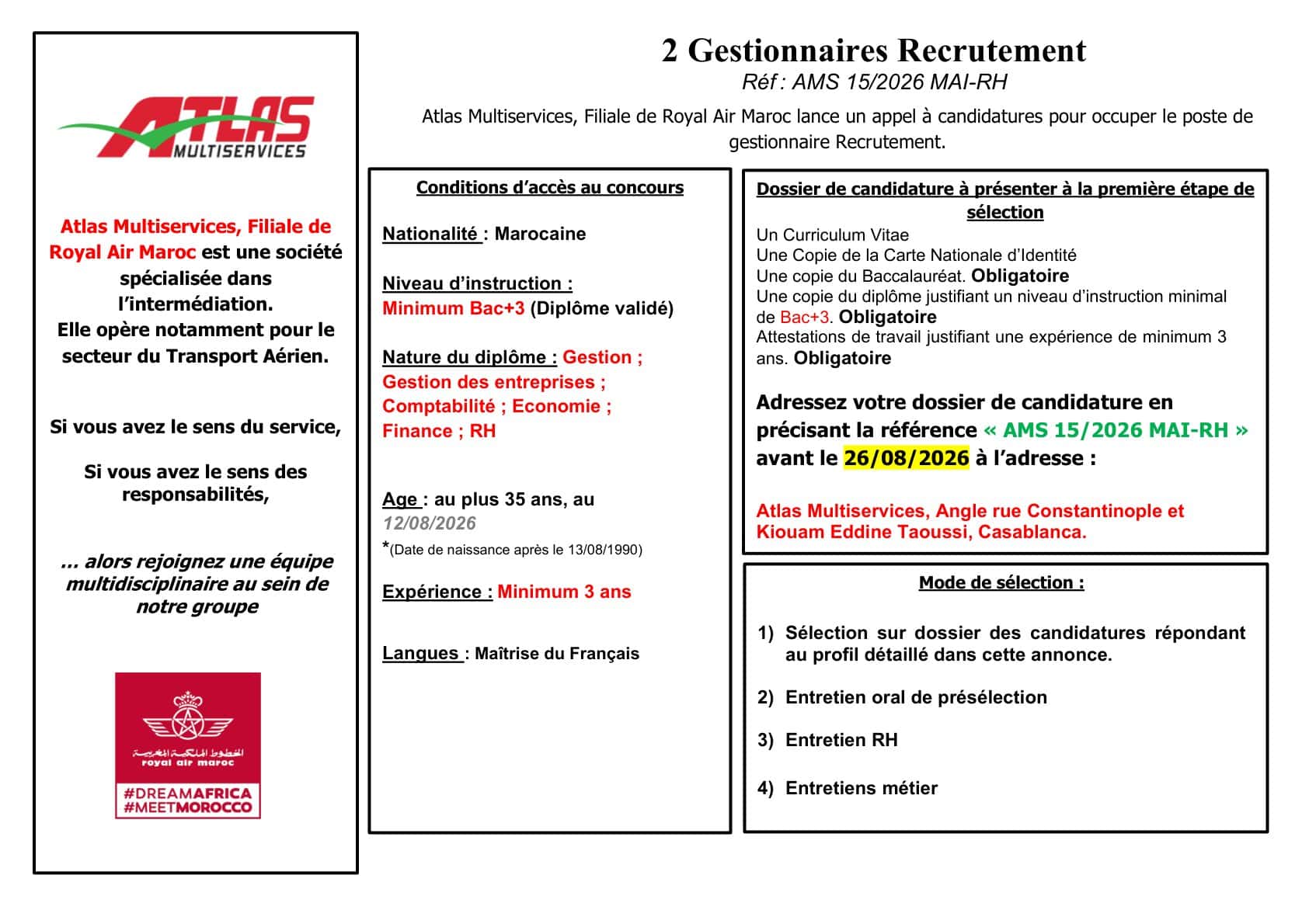 Atlas Multiservices ouvre deux postes de Gestionnaire Recrutement à Casablanca e
