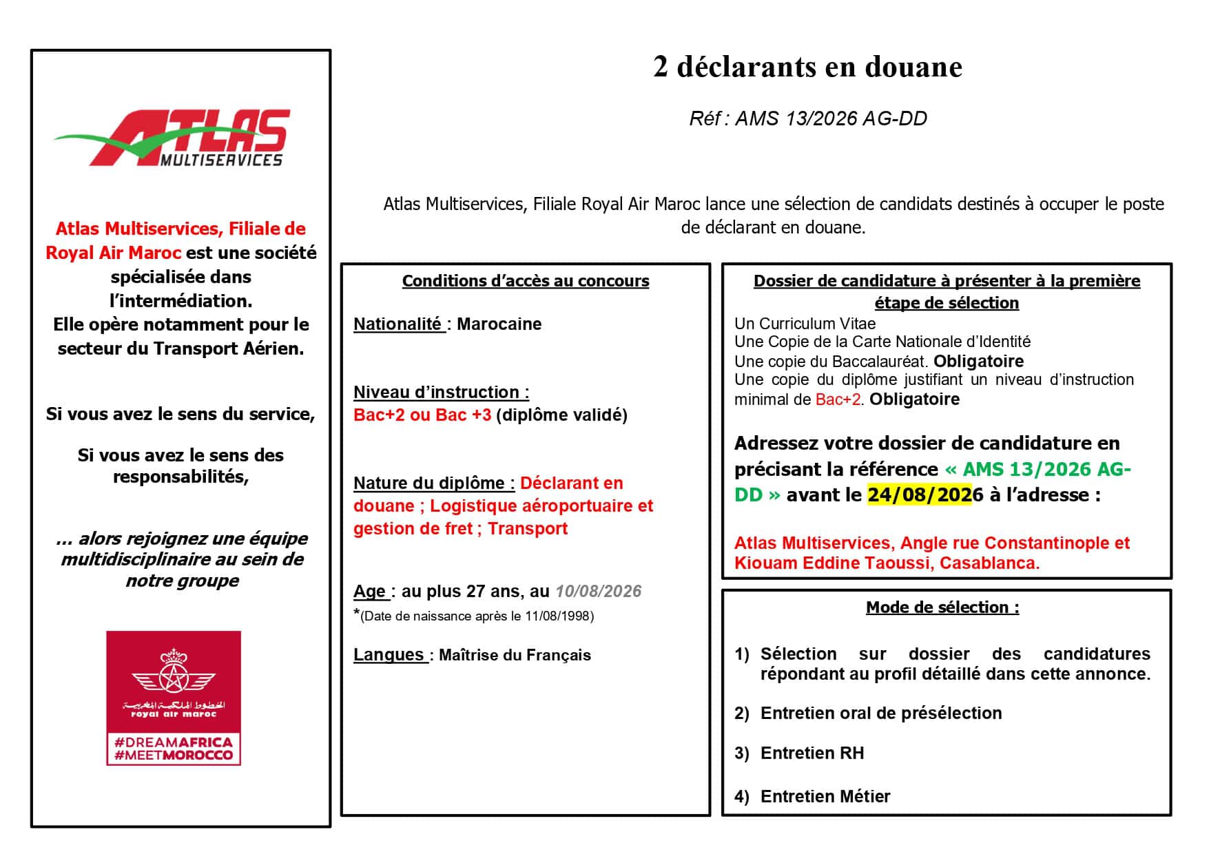 Concours Atlas Multiservices 2026 : 7 postes clés