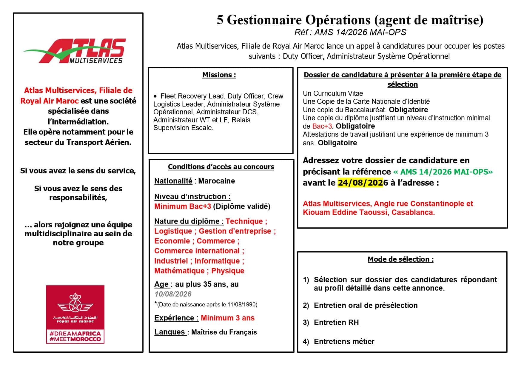 Concours de Recrutement Atlas Multiservices 2026 (7 Postes)