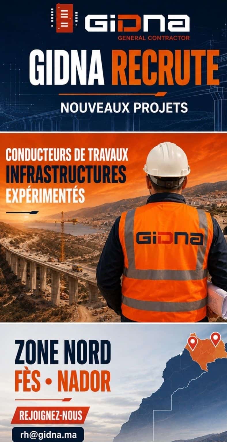 GIDNA propose des postes de Conducteurs de Travaux Infrastructures à Fès et Nado