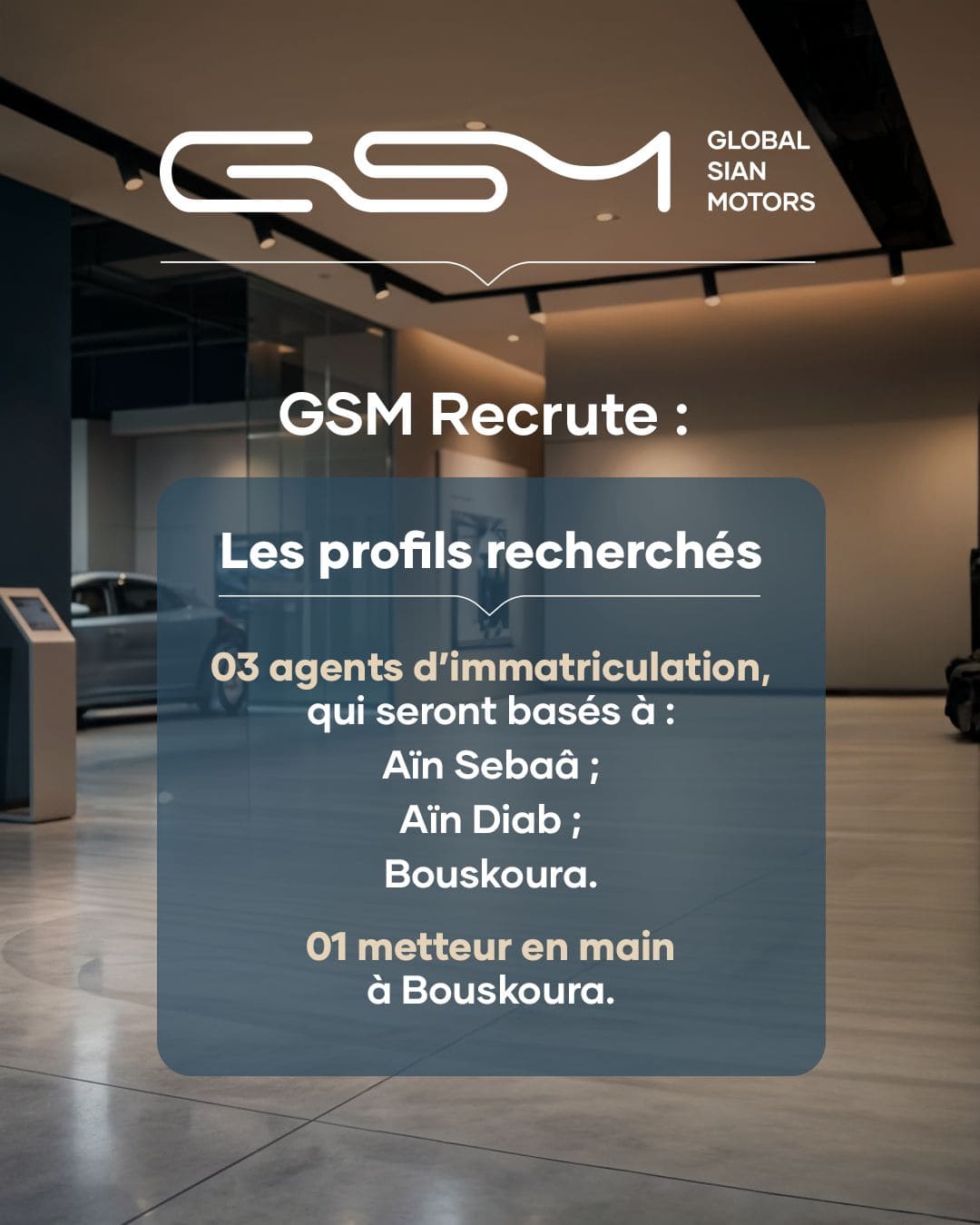 Global Sian Motors recrute 4 profils CDI à Casablanca