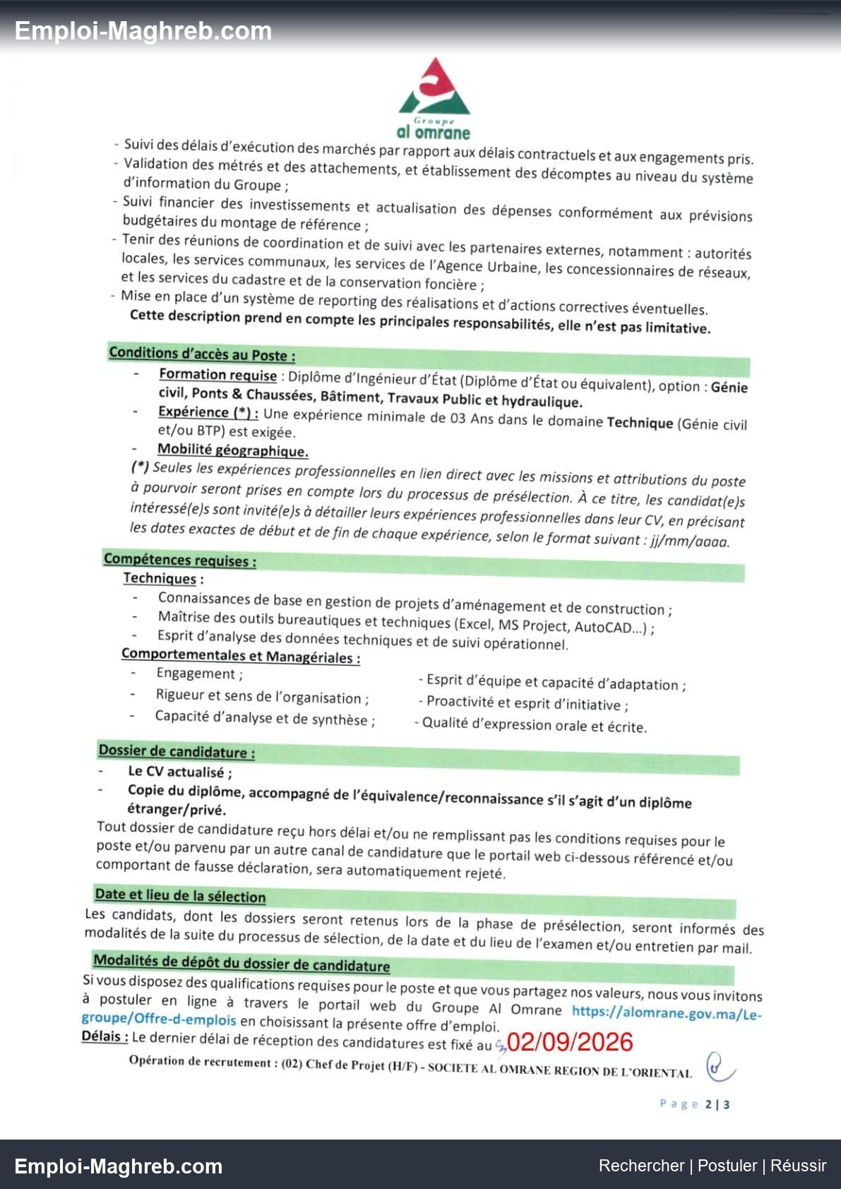 Groupe Al Omrane recrute 3 postes chefs de projets et architecte concours 2026