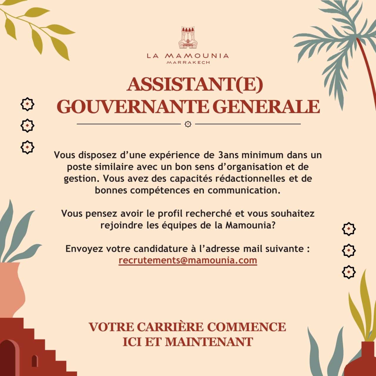 La Mamounia propose 5 postes d'accueil et service à Marrakech