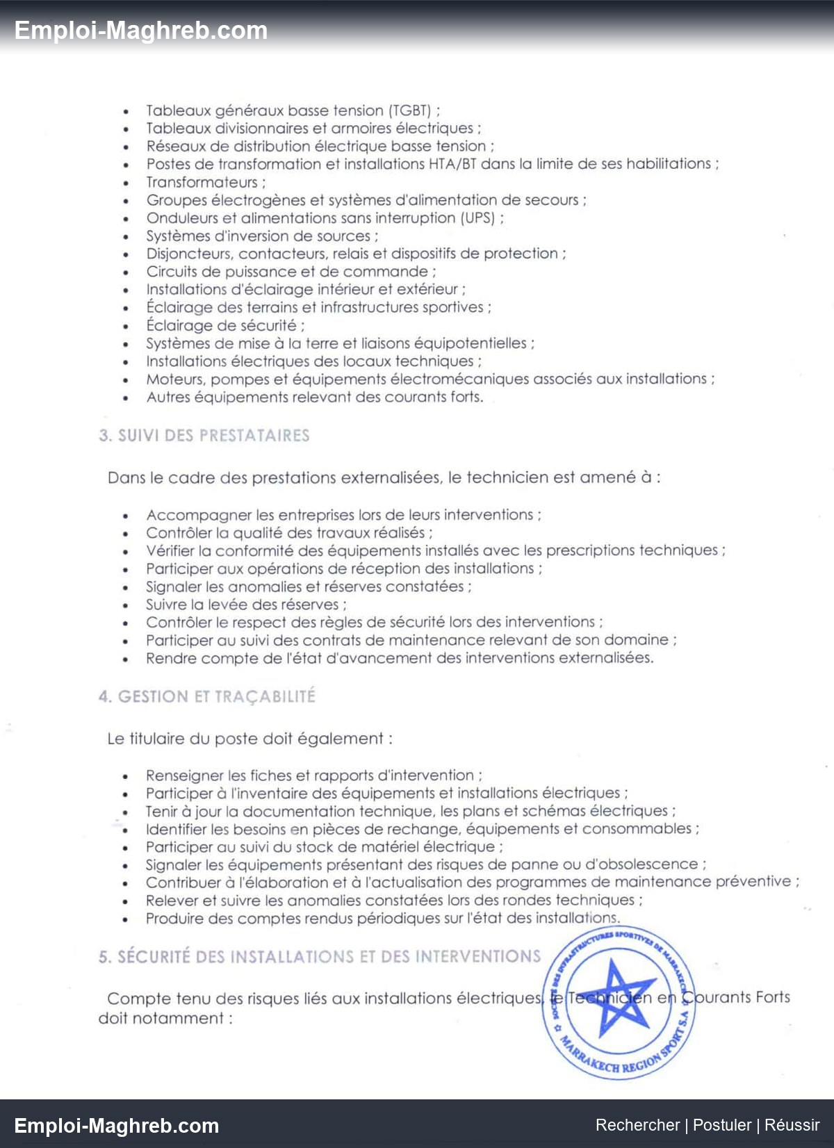 SDR Marrakech Région Sport publie concours 2026 pour 2 postes techniciens