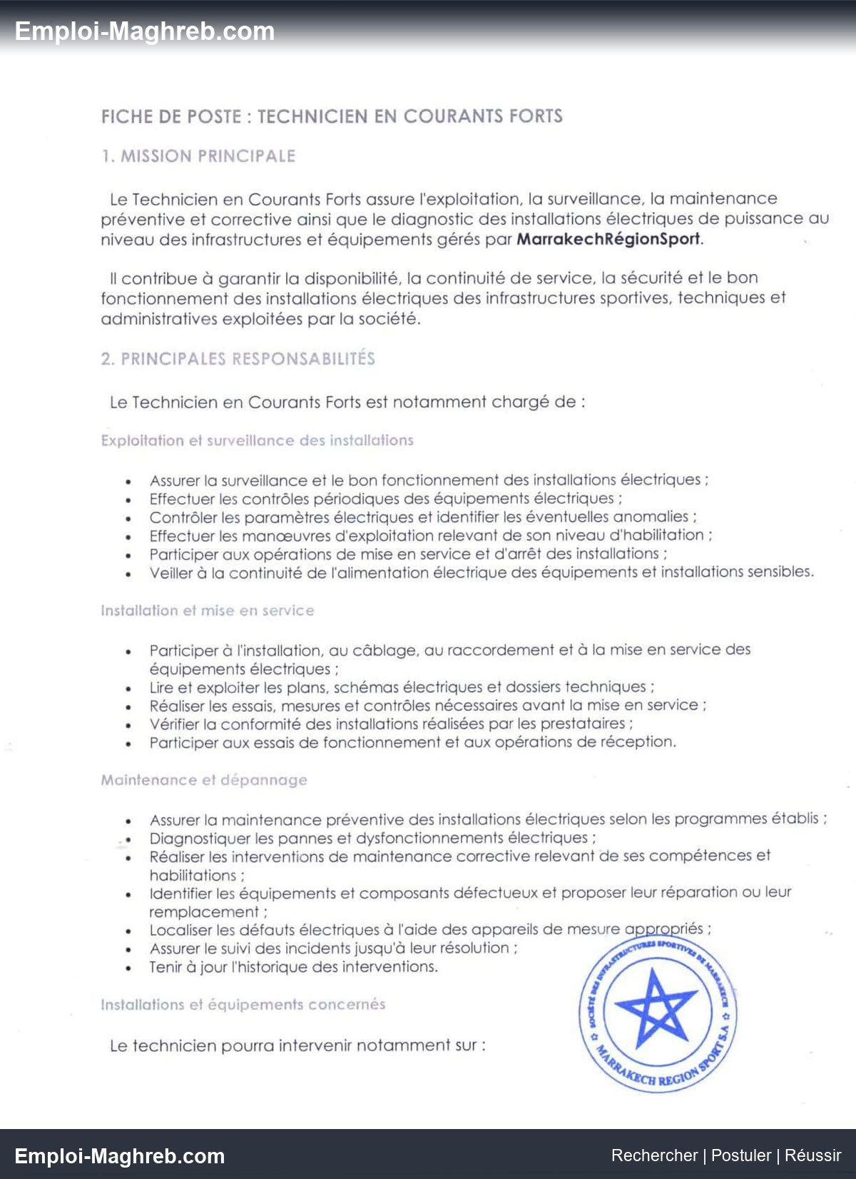 SDR Marrakech Région Sport publie concours 2026 pour 2 postes techniciens