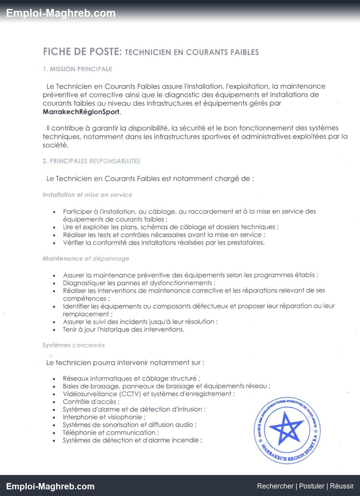 SDR Marrakech Région Sport publie concours 2026 pour 2 postes techniciens