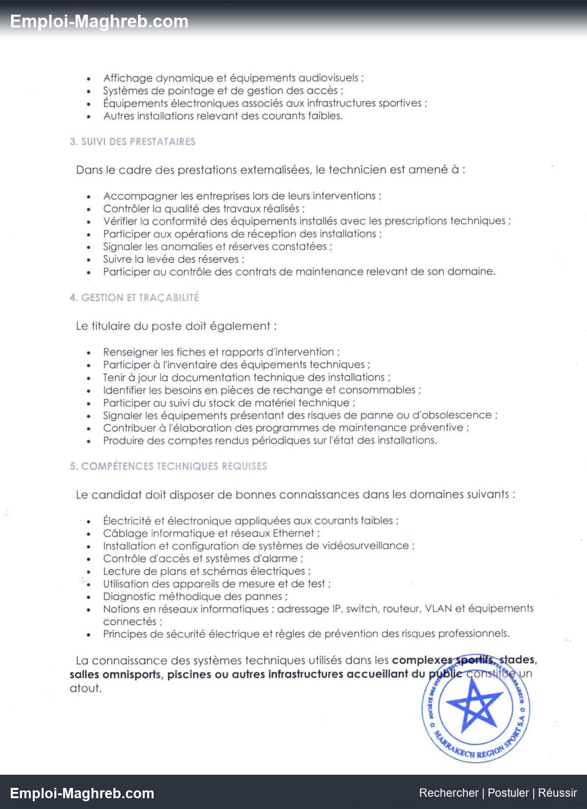 SDR Marrakech Région Sport publie concours 2026 pour 2 postes techniciens