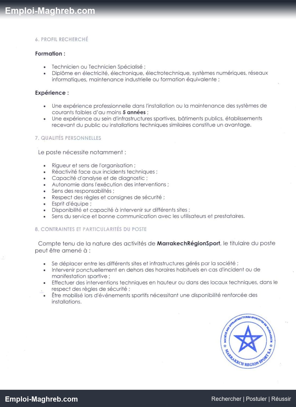SDR Marrakech Région Sport publie concours 2026 pour 2 postes techniciens