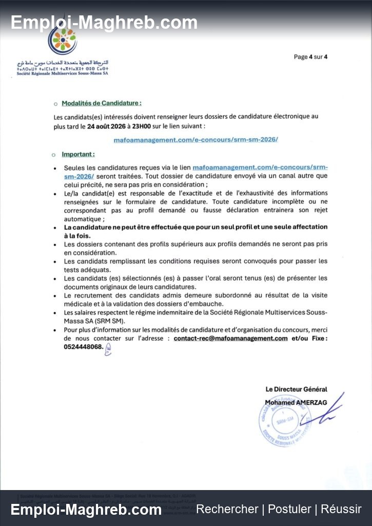 Société Régionale Multiservices Souss-Massa publie 174 postes Agadir CDI 24 août