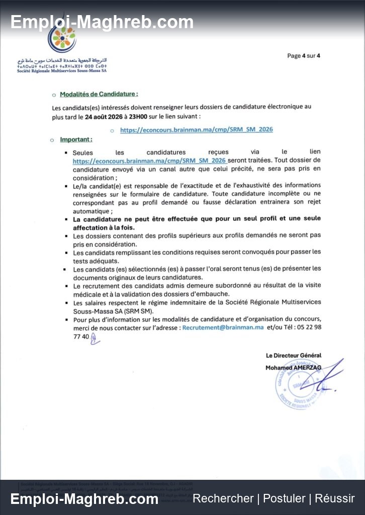 Société Régionale Multiservices Souss-Massa publie 174 postes Agadir CDI 24 août