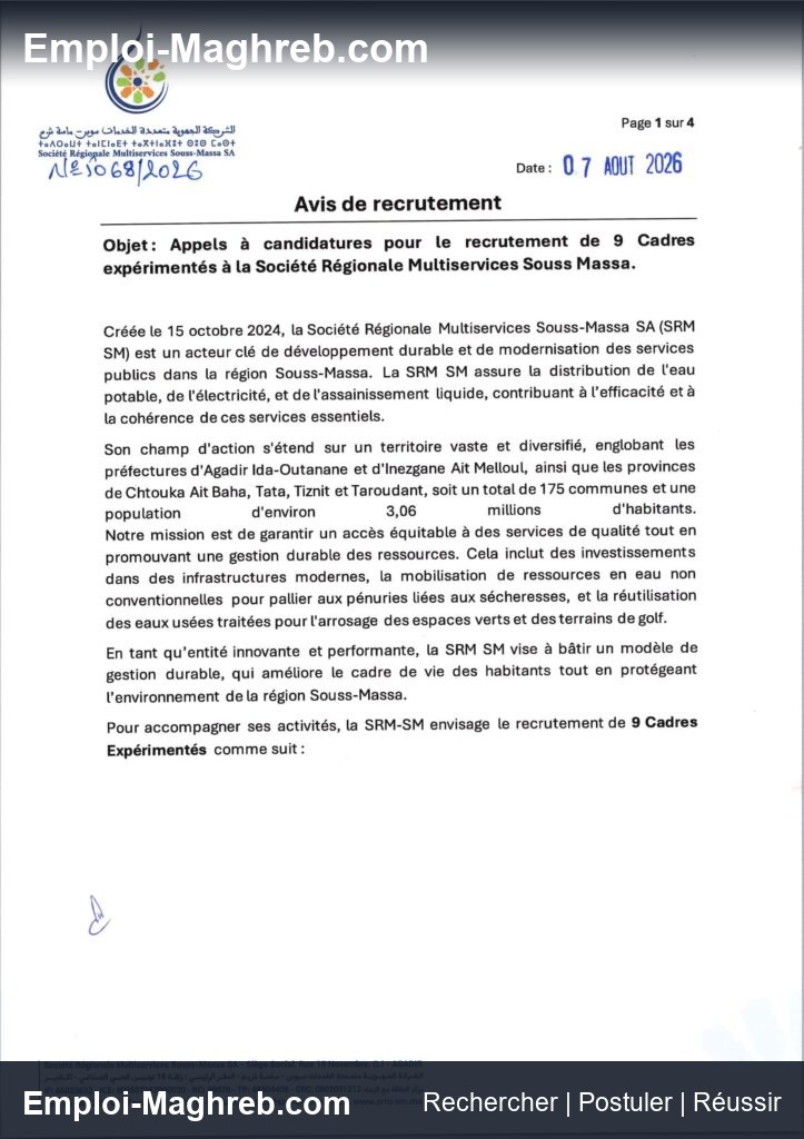 Société Régionale Multiservices Souss-Massa publie 174 postes Agadir CDI 24 août