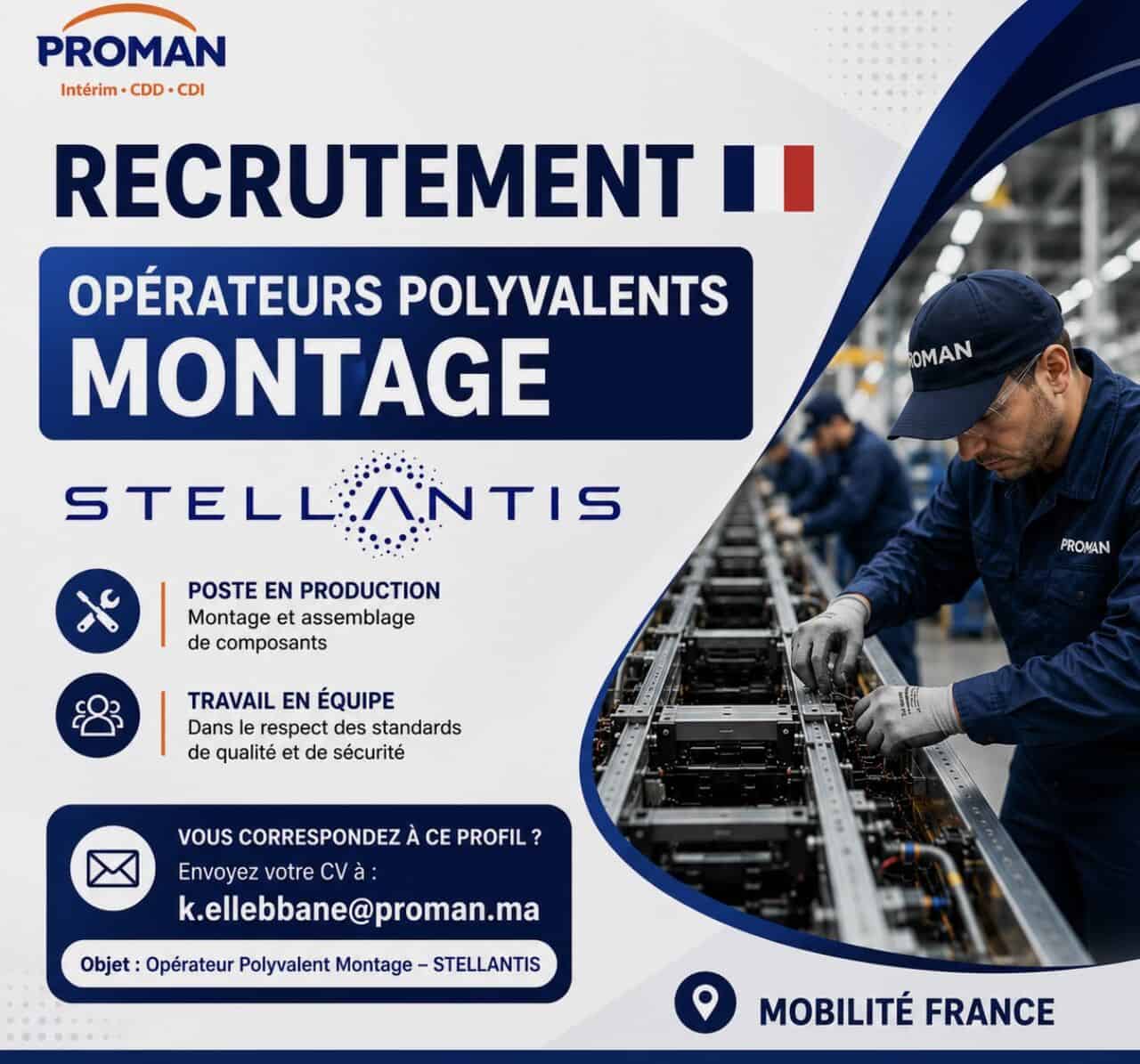 Opportunité en France chez Stellantis pour des Opérateurs Montage